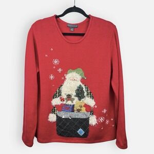 Vintage Northern Isles Christmas Sweater Red Santa Medium Buttons‎ Fuzzy